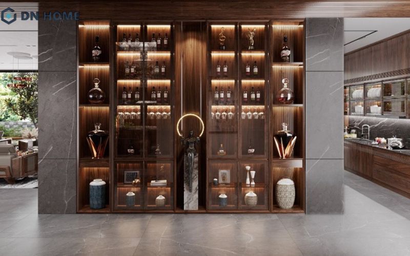 Thiết kế tủ rượu phòng khách bằng gỗ tự nhiên được yêu thích bởi tính thẩm mỹ và độ bền vượt trội