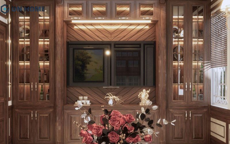 Mẫu tủ rượu phòng khách bằng gỗ tự nhiên kết hợp làm kệ tivi sang trọng, đẹp mắt