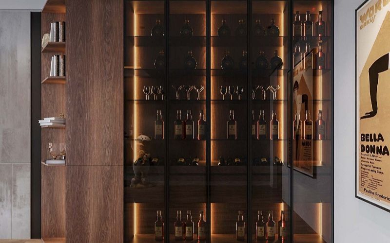 Thiết kế tủ rượu phòng khách gỗ công nghiệp kết hợp cánh kính và đèn LED tạo nên vẻ ngoài sang trọng