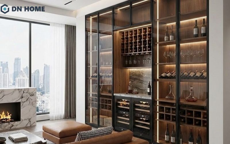 Tủ rượu phòng khách cánh kính khung nhôm có độ bền cao, chống cong vênh và ít bị ảnh hưởng bởi độ ẩm