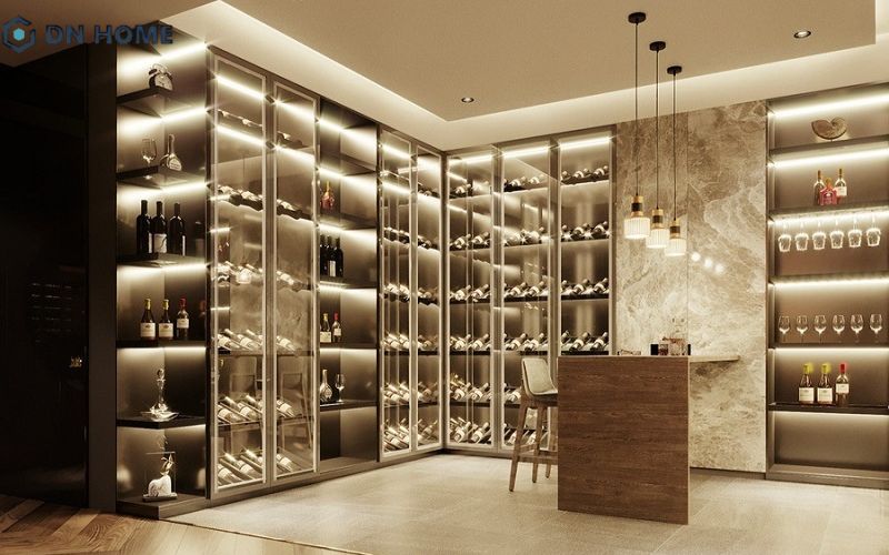 Tủ rượu cánh kính khung nhôm là lựa chọn phổ biến trong các không gian phòng khách hiện đại