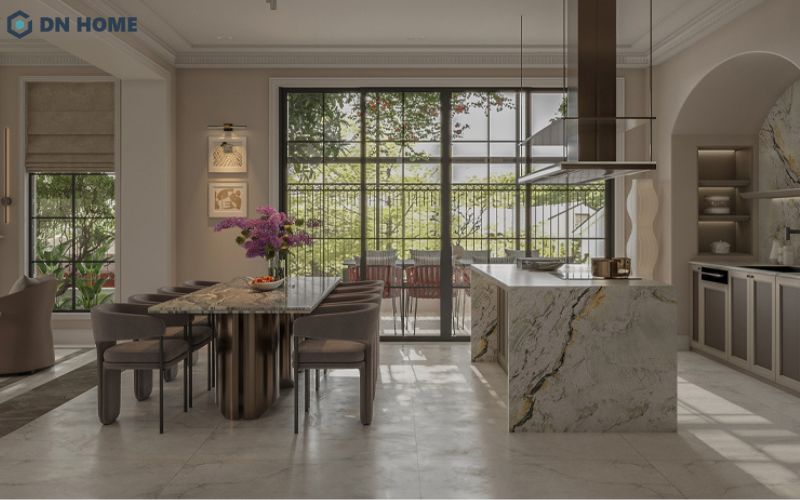 Chất liệu cao cấp là đặc trưng trong thiết kế nội thất biệt thự song lập tân cổ điển