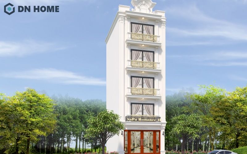 Khách sạn mini 5x20m tân cổ điển với phào chỉ tinh tế và ban công thanh lịch