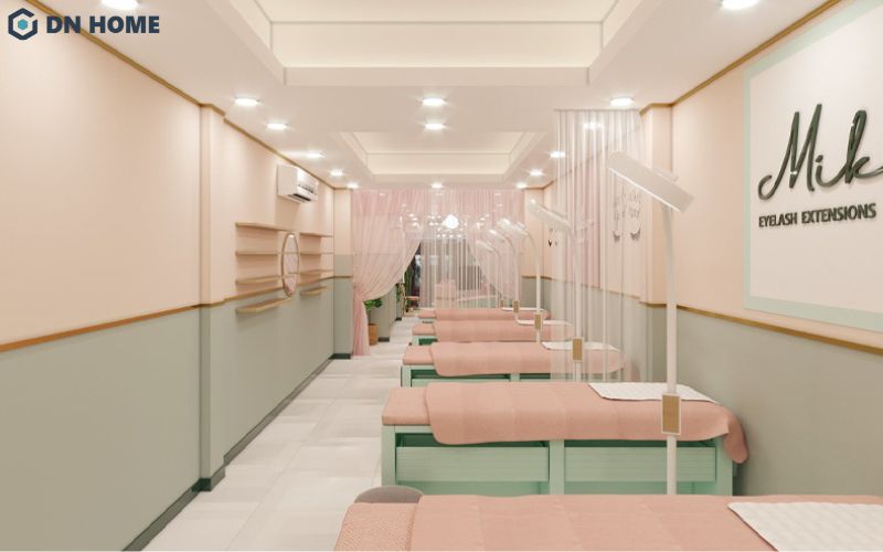 Spa nhà ống với gam màu pastel hồng - xanh lá chủ đạo