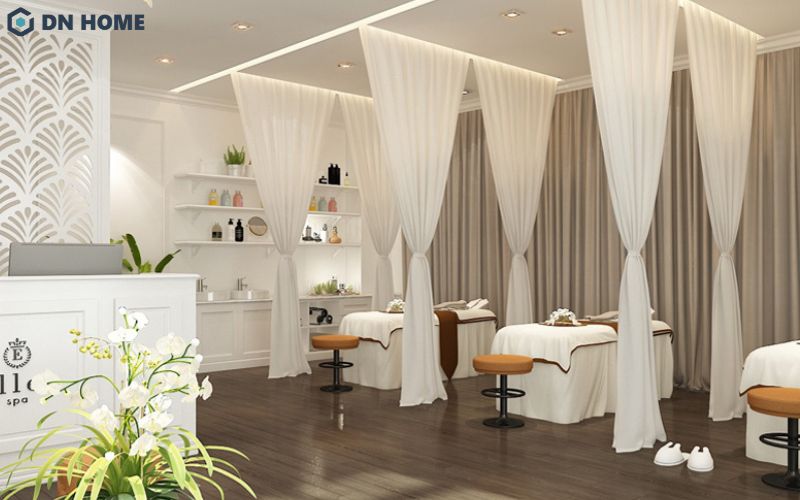Gam màu trung tính sáng giúp spa nhà ống rộng thoáng hơn