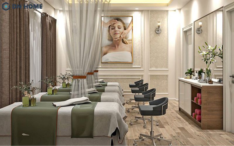 Gam màu xanh lá làm điểm nhấn spa tạo cảm giác gần gũi, thân thuộc