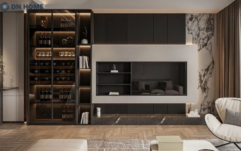 Thiết kế kệ tivi phòng khách kết hợp vật liệu kính, kim loại giúp tạo nên vẻ đẹp thẩm mỹ độc đáo