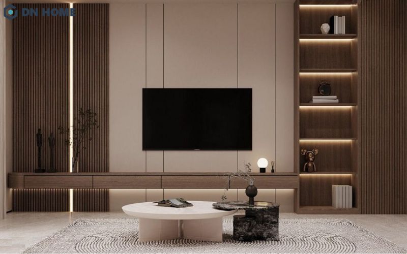 Mẫu thiết kế kệ tivi phòng khách treo tường giúp tối ưu diện tích, tạo cảm giác không gian rộng thoáng