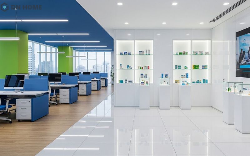 Khu trưng bày được thiết kế với hệ tủ kính, kệ trưng bày có ánh sáng LED nhằm làm nổi bật các dòng sản phẩm chủ lực