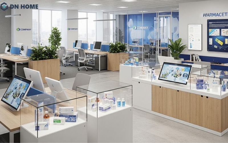 Không gian làm việc được khéo léo tích hợp với khu trưng bày sản phẩm