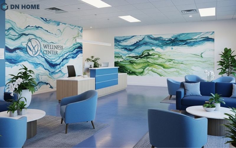 Không gian lễ tân với những mảng tường mát mắt của văn phòng công ty dược