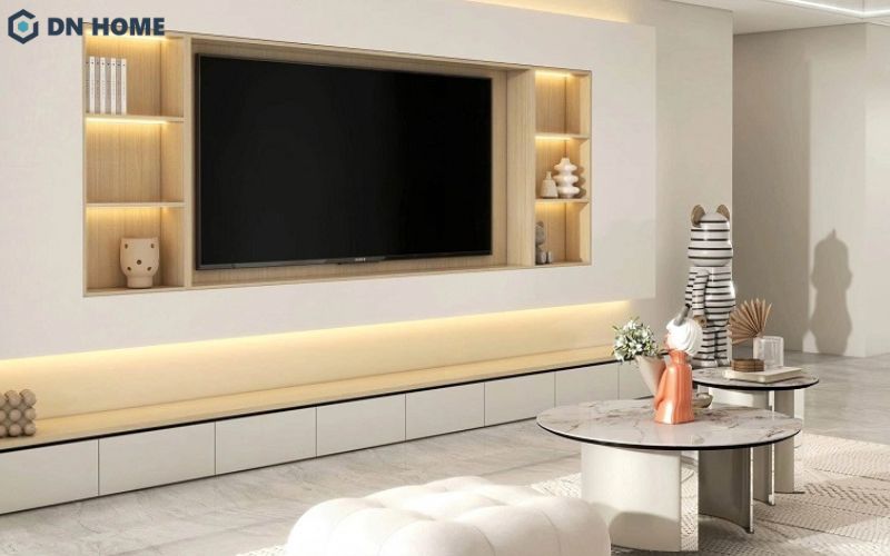 Mẫu kệ tivi phòng khách tích hợp đèn LED góp phần tăng chiều sâu và tính thẩm mỹ cho không gian