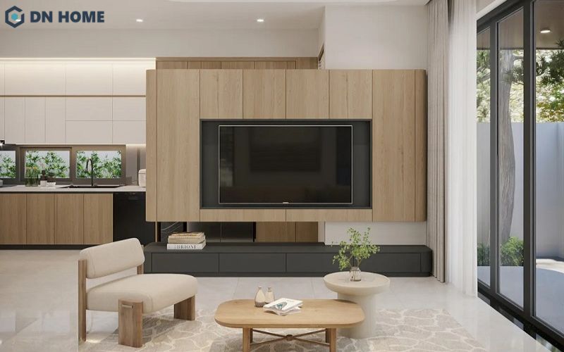Thiết kế kệ tivi phòng khách với hệ thống dây điện ngầm giúp tạo sự gọn gàng, tăng tính thẩm mỹ tinh tế cho không gian