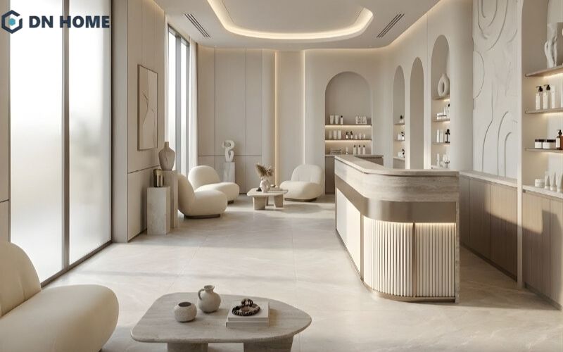 Không gian spa thiết kế theo phong cách hiện đại, tối giản đẹp sang trọng với gam màu trắng nhẹ nhàng