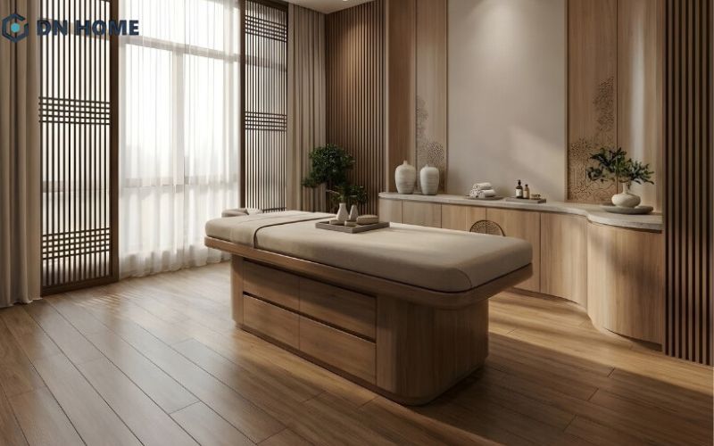 Thiết kế spa hiện đại tối giản hạn chế tuyệt đối các chi tiết trang trí rườm rà, chỉ giữ lại những vật dụng thật sự cần thiết