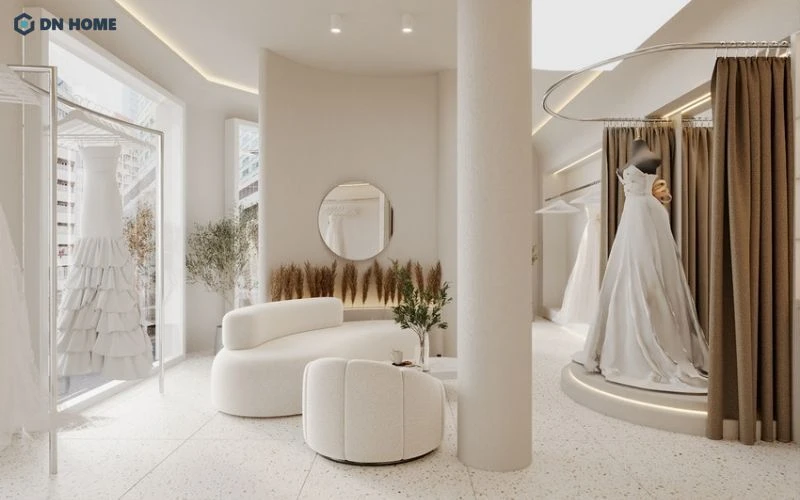 Phòng thử đồ cô dâu được thiết kế rèm che đơn giản, tinh tế