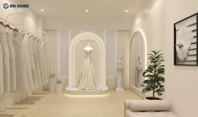 Phòng thử váy được sơn màu be tối giản không kém phần thanh lịch