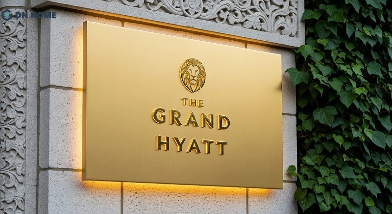 Biển hiệu inox màu vàng rất phù hợp với các thương hiệu nhà hàng, khách sạn cao cấp