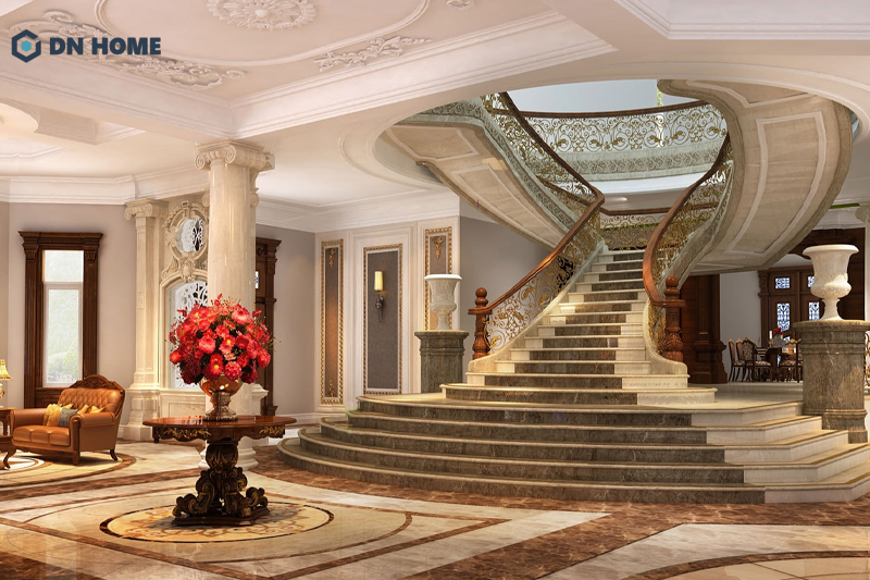 Cầu thang trong công trình biệt thự không bị giới hạn về chiều rộng, mang đến cảm giác bề thế