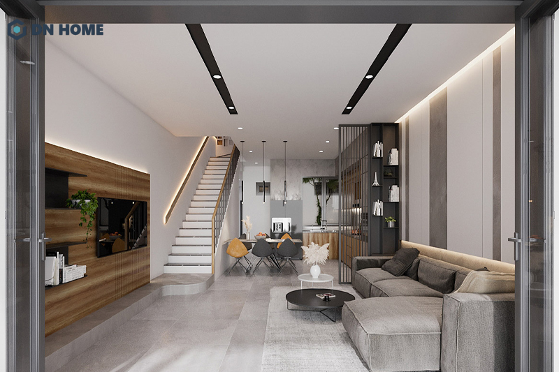 Cầu thang cho loại hình nhà ống thường được đặt sát tường và có chiều rộng khoảng 90cm