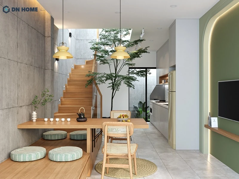 Thiết kế tiết kiệm năng lượng với giếng trời tối ưu ánh sáng tự nhiên, bổ sung sắc xanh trong nhà để tạo cảm giác mát mẻ, giảm bớt nhu cầu sử dụng điều hoà