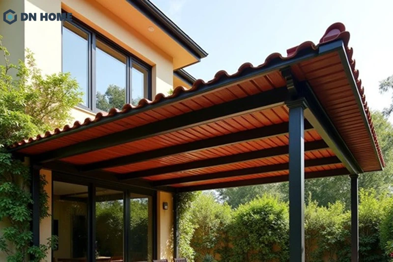 Mẫu mái tôn trước sân nhà màu nâu gỗ tạo điểm nhấn và cảm giác ấm cúng cho ngôi nhà