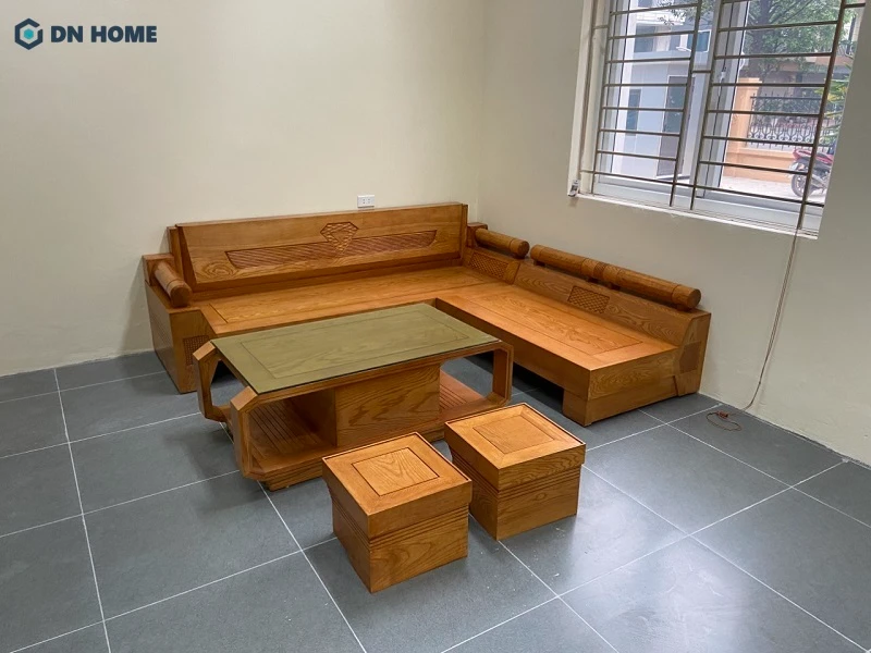 Mẫu bàn ghế gỗ phòng khách thiết kế chữ L