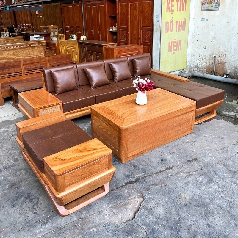 Mẫu thiết kế bàn ghế gỗ phòng khách nhỏ với màu sắc tươi sáng