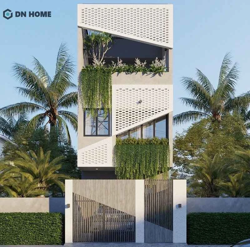Thiết kế mái bằng kết hợp với cây xanh tạo nên mặt tiền nhà ở ấn tượng, thu hút