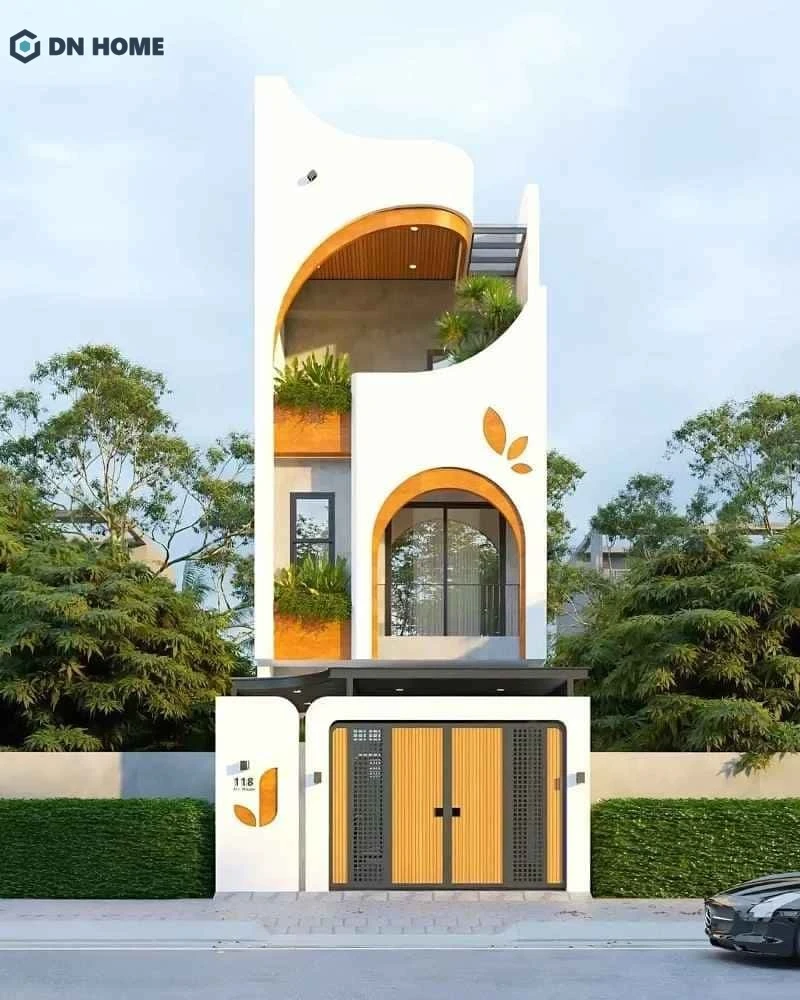 Dấu ấn độc đáo được thể hiện qua từng chi tiết trang trí và màu sắc của mặt tiền ngôi nhà