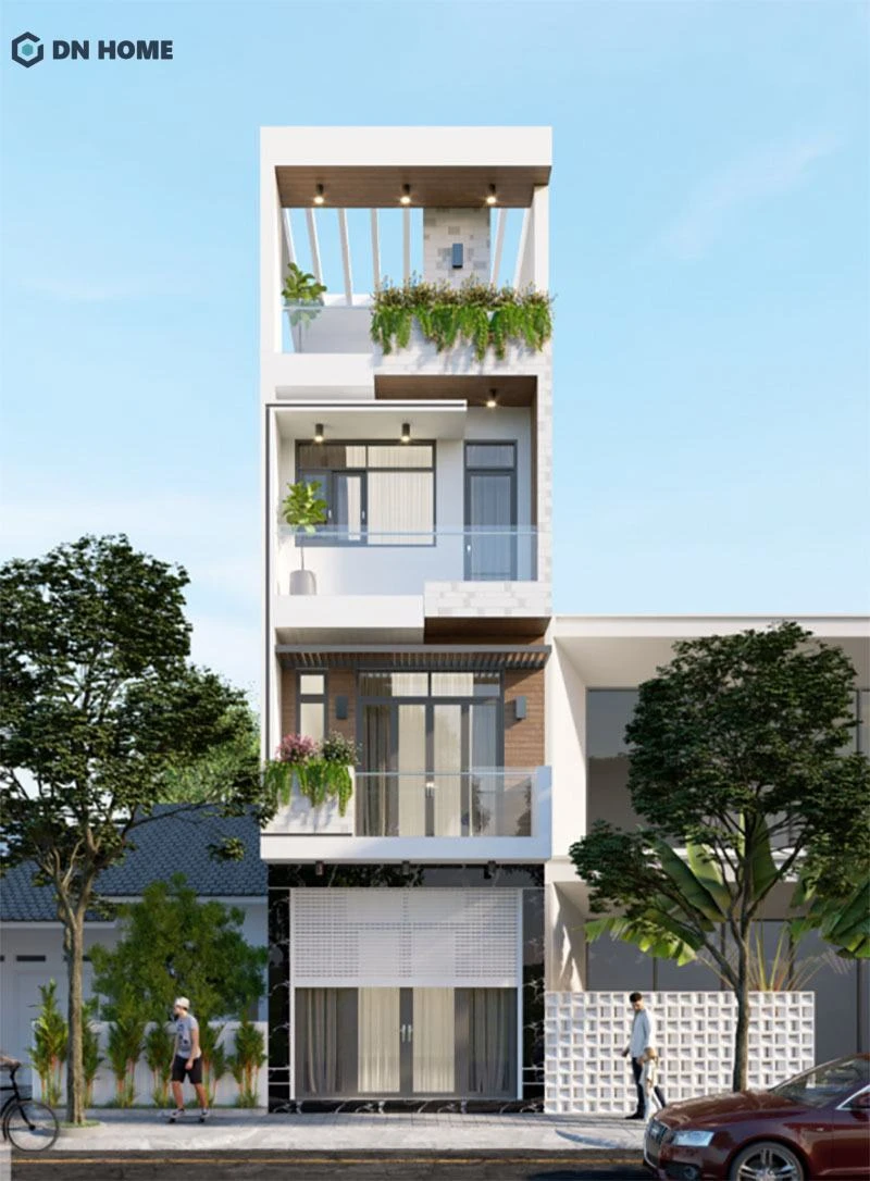 Thiết kế tầng tum tạo nên điểm nhấn độc đáo, giúp ngôi nhà trông cao ráo, bề thế hơn