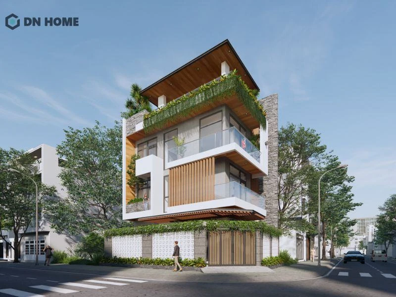 Mẫu nhà 1 trệt 2 lầu với phần sân thượng thoáng rộng, kết hợp nhiều cây xanh là nơi lý tưởng cho các hoạt động thư giãn trong gia đình