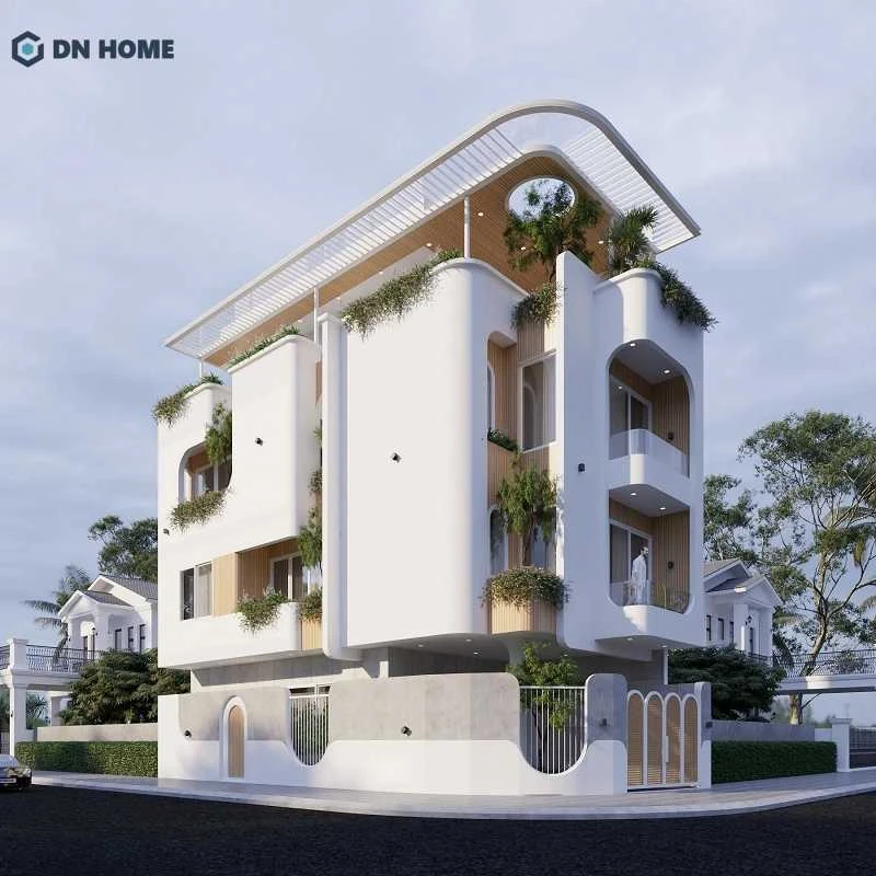Mẫu thiết kế nhà phố hiện đại 2 mặt tiền với kiến trúc đường cong mềm mại và không gian mở thoáng đãng