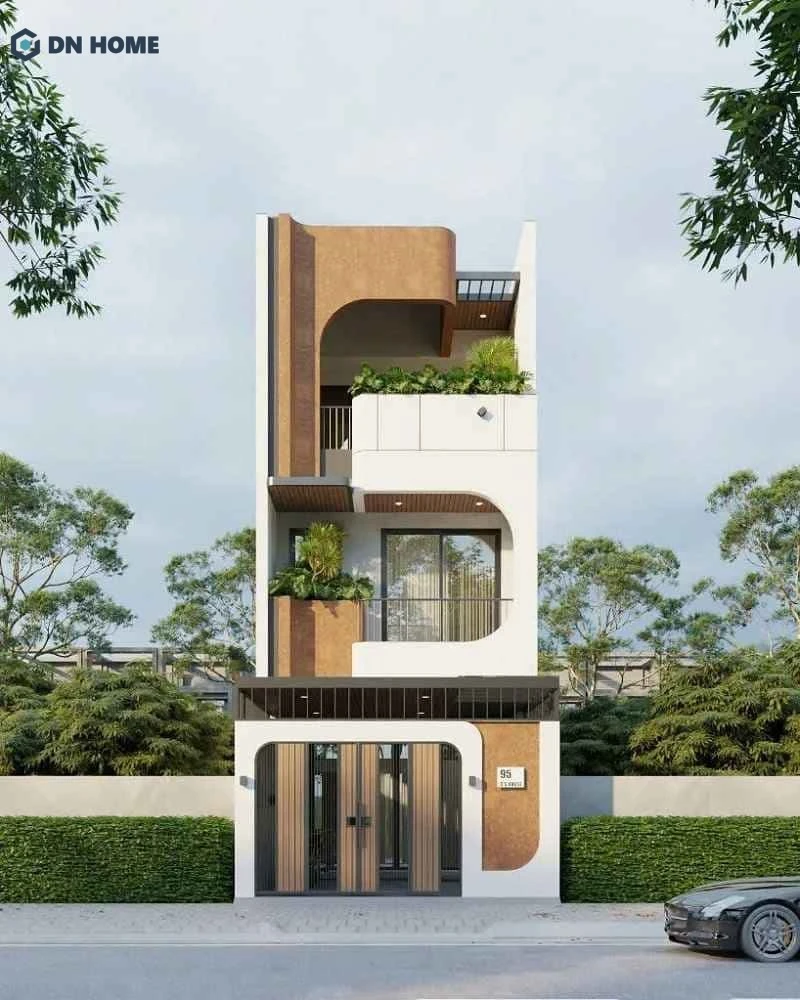 Mẫu thiết kế mặt tiền nhà phố 1 trệt 2 lầu lệch hiện đại với các đường nét kiến trúc độc đáo, tạo nên dấu ấn riêng biệt cho công trình