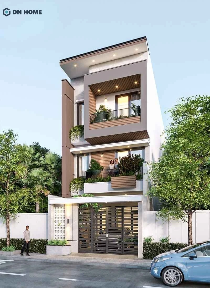 Mẫu nhà phố phong cách tối giản với thiết kế ban công xanh mát