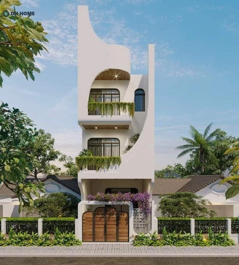 Mẫu nhà 1 trệt 2 lầu dễ dàng thiết kế phần không gian ngoài trời như ban công rộng thoáng, tạo nơi thư giãn cho các thành viên trong gia đình
