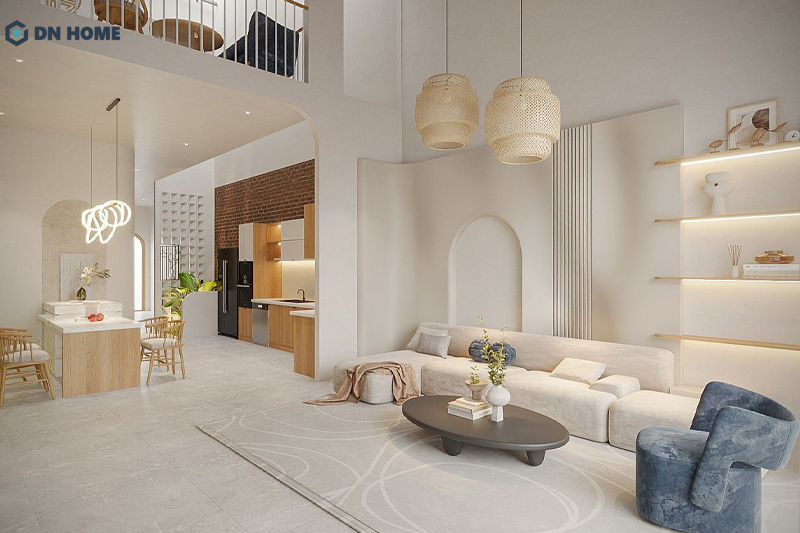 Nội thất phòng khách có chiều cao thấp, tạo nên cảm giác gần gũi - ấm cúng đúng tinh thần Nhật Bản