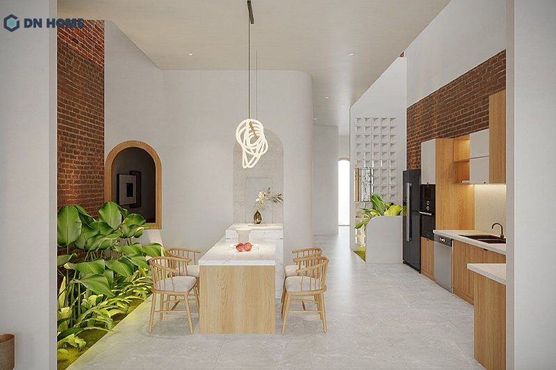Phòng bếp được thiết kế mở, liên thông với phòng khách để tạo cảm giác thoáng đãng và gắn kết