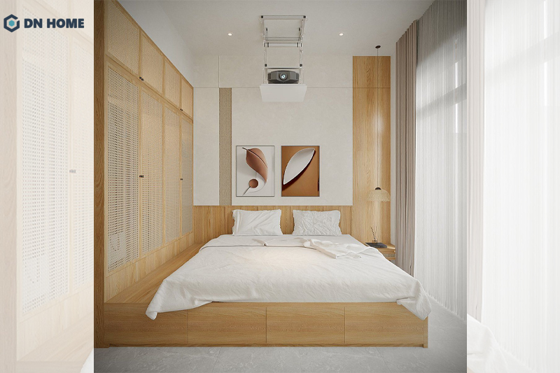 Nội thất phòng ngủ đơn giản, sử dụng chất liệu gỗ làm chủ đạo tạo cảm giác ấm cúng