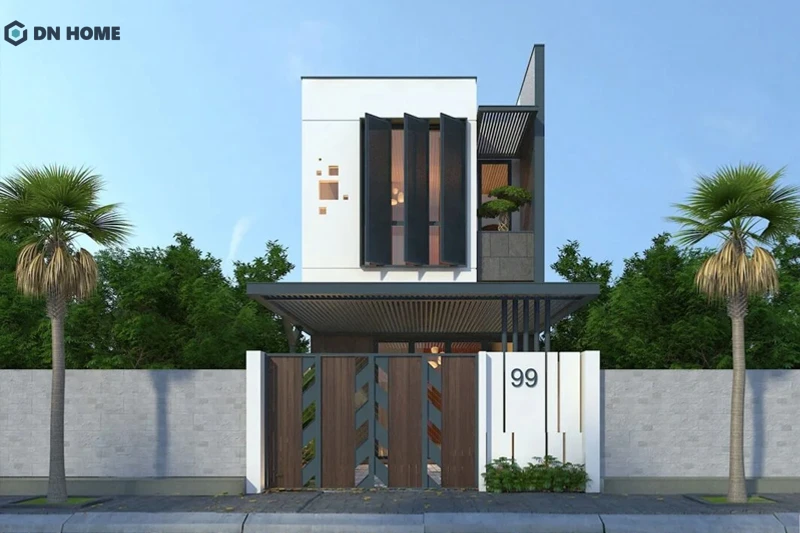 Nhà ở 1 trệt 1 lầu thiết kế theo phong cách hiện đại hướng đến đường nét vuông vức, mạnh mẽ