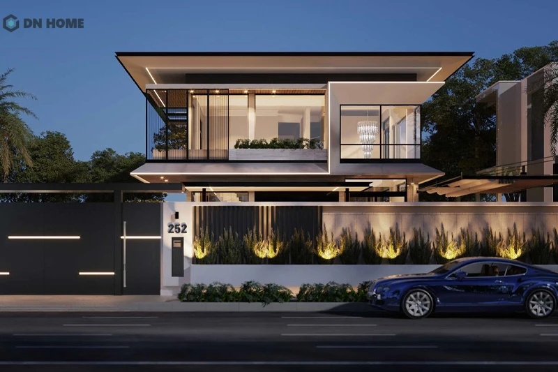 Nhà biệt thự 1 trệt 1 lầu gây ấn tượng với mặt tiền rộng rãi và trang trí ngoại thất sang trọng