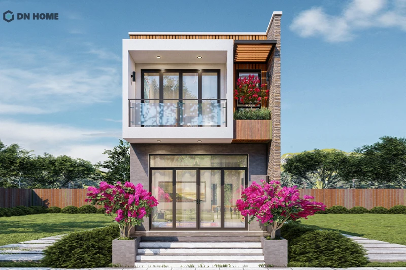 Nhà nông thôn 1 trệt 1 lầu thường kết hợp trang trí cây xanh để hài hòa với cảnh quang xung quanh