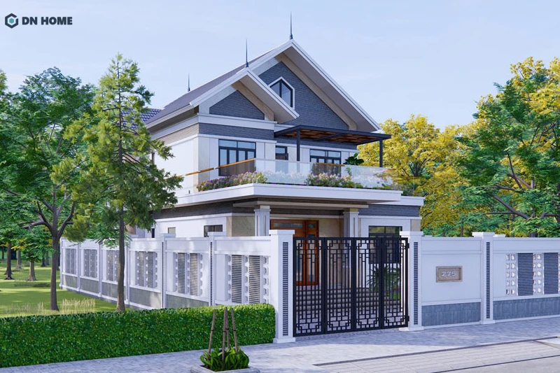 Nhà nông thôn 2 tầng hạn chế các chi tiết trang trí, có thể xây ban công làm điểm nhấn mặt tiền