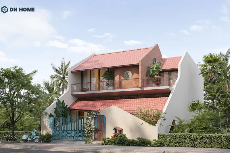 Nhà mái ngói 1 trệt 1 lầu thiên về phong cách thiết kế truyền thống, gần gũi với thiên nhiên