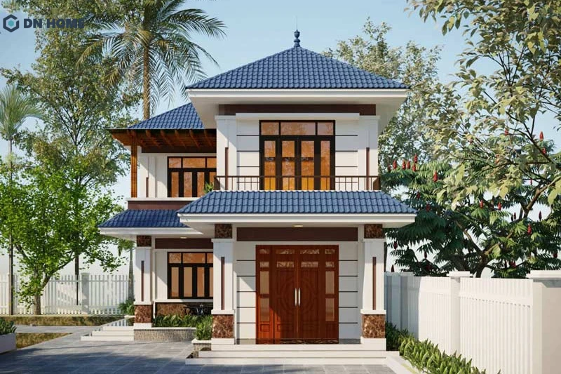 Nhà chữ L 1 trệt 1 lầu có hình khối bố cục rõ ràng, tạo điểm nhấn ngoại thất ấn tượng