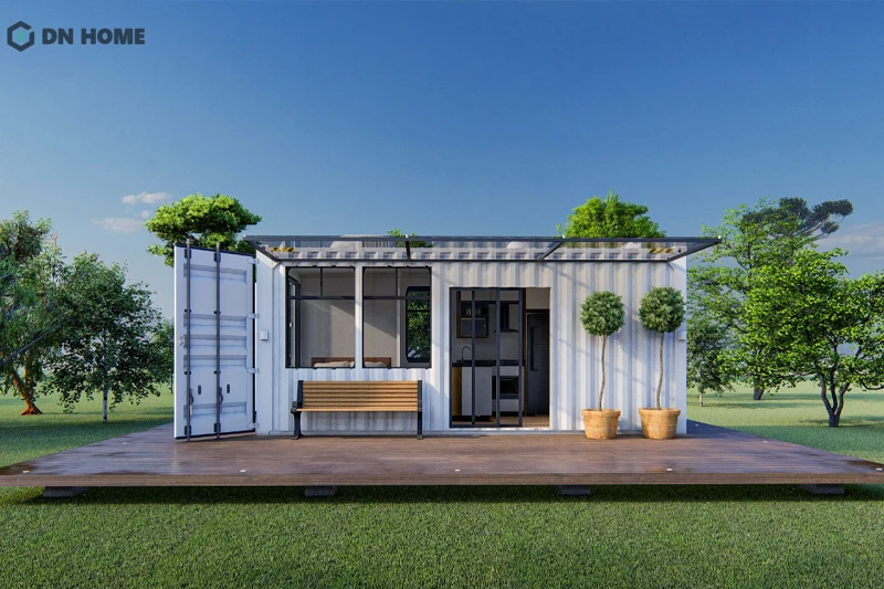 Có thể kết hợp bố trí thêm sân vườn để tạo điểm nhấn cho nhà 1 tầng container, tránh cảm giác nhàm chán