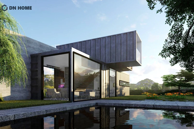 Mẫu nhà 2 tầng container thiết kế độc đáo với tầng 2 xoay góc vuông 90 độ ấn tượng