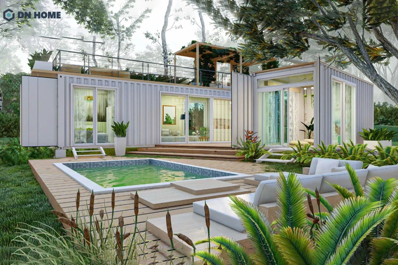 Mẫu nhà chữ L container tận dụng góc khuyết để làm khu vực sân vườn và bể bơi