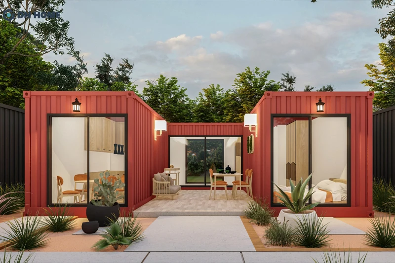 Nhà container cấu trúc chữ U với khoảng không gian mở ở giữa tạo nên khu vực thư giãn ngoài trời