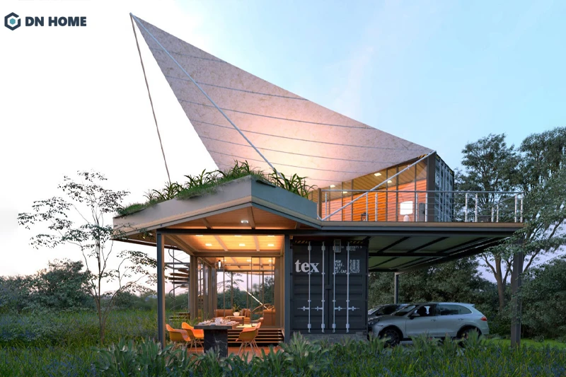 Nhà container được thiết kế độc đáo với phần mái hình tam giác ấn tượng, tạo điểm nhấn toàn bộ công trình